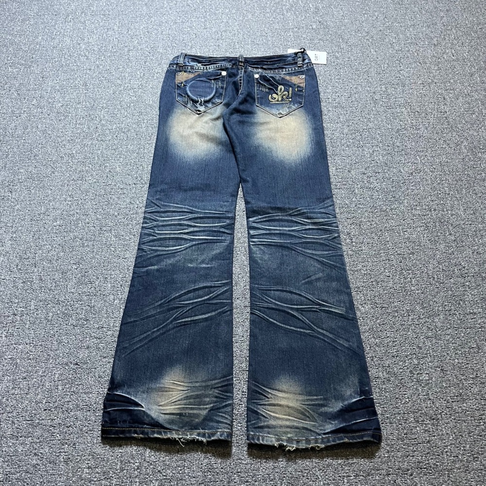 OAT New York THGZ Low Rise Flare Jeans Size 27 Blue Distressed Whiskered Y2K